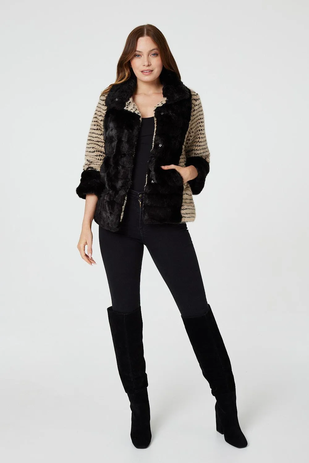 Striped Faux Fur 3/4 Sleeve Jacket