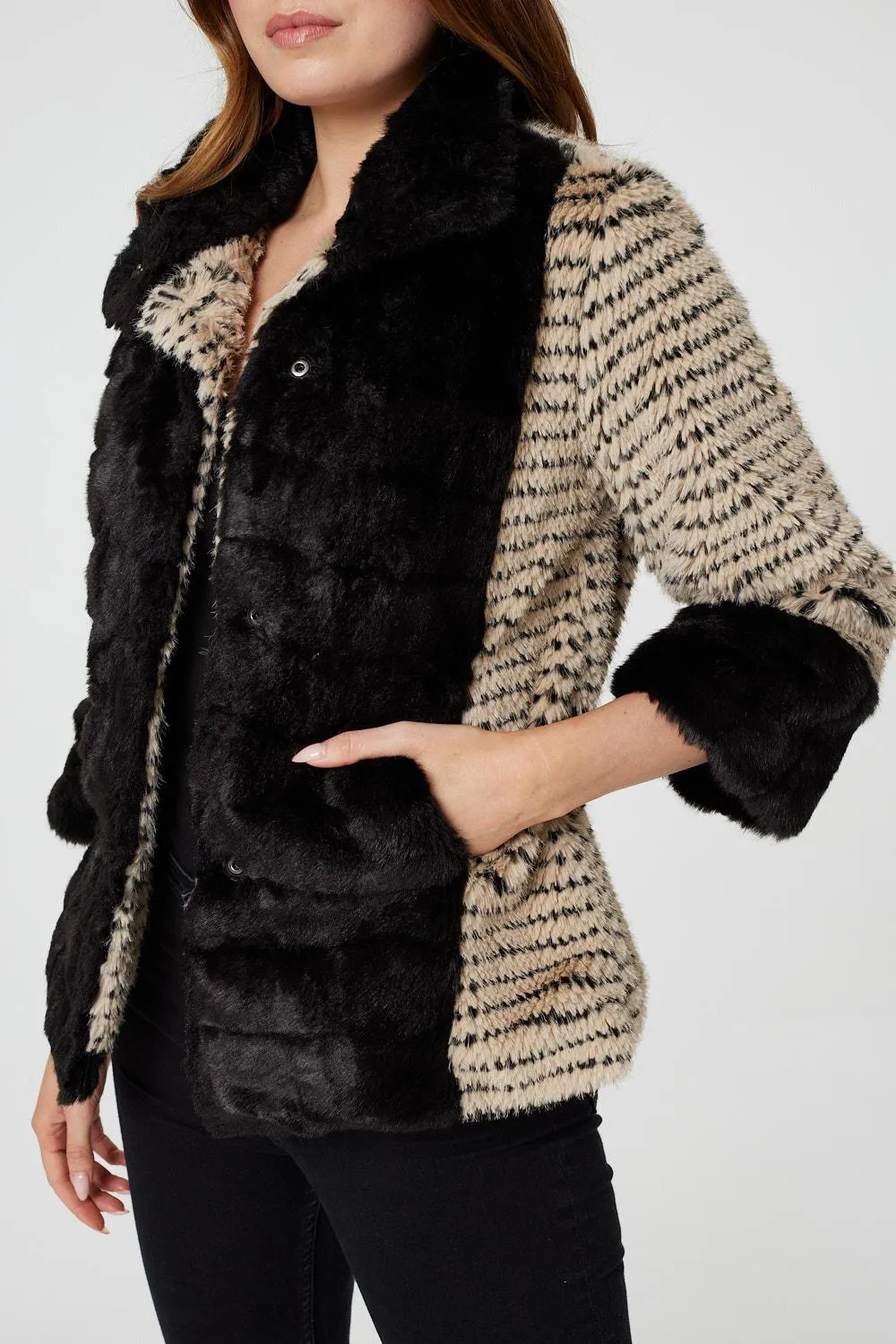 Striped Faux Fur 3/4 Sleeve Jacket