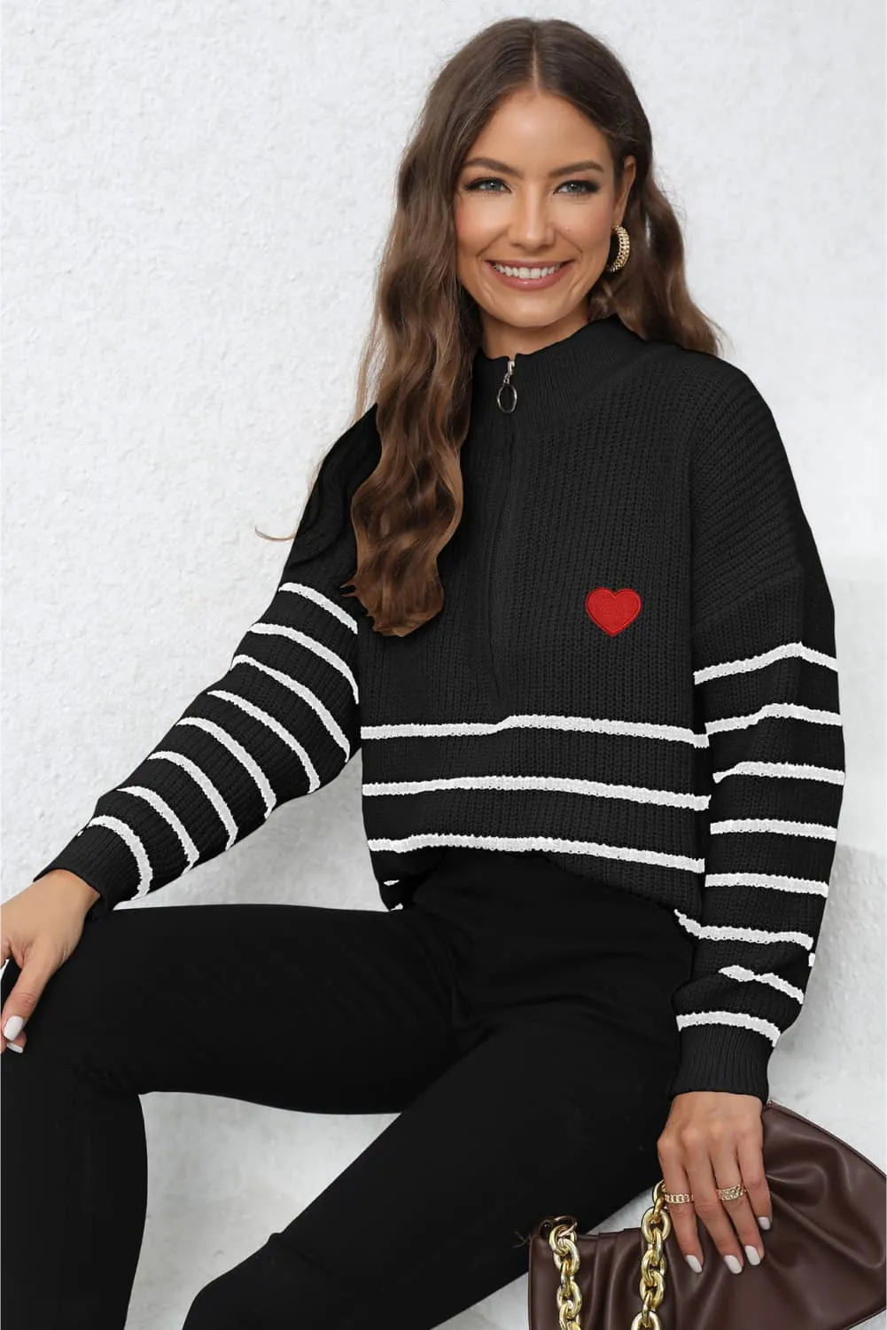 Striped Zip-Up Ribbed Sweater