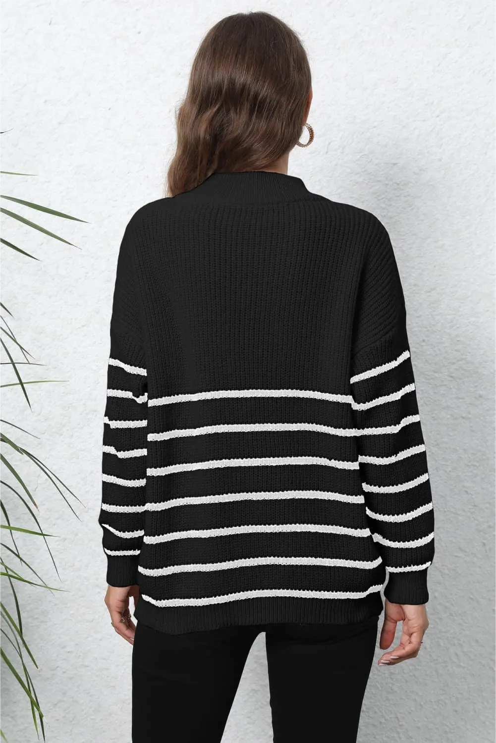 Striped Zip-Up Ribbed Sweater