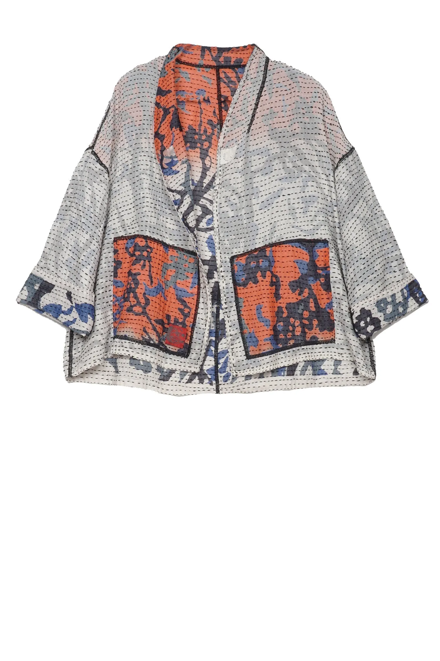 SUMMER BREEZE PRINT KANTHA STAND COLLAR CROPPED JKT - sz2034-blu -