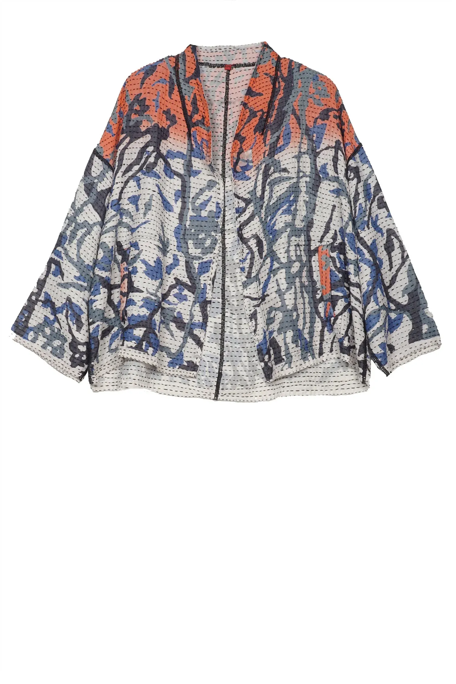 SUMMER BREEZE PRINT KANTHA STAND COLLAR CROPPED JKT - sz2034-blu -