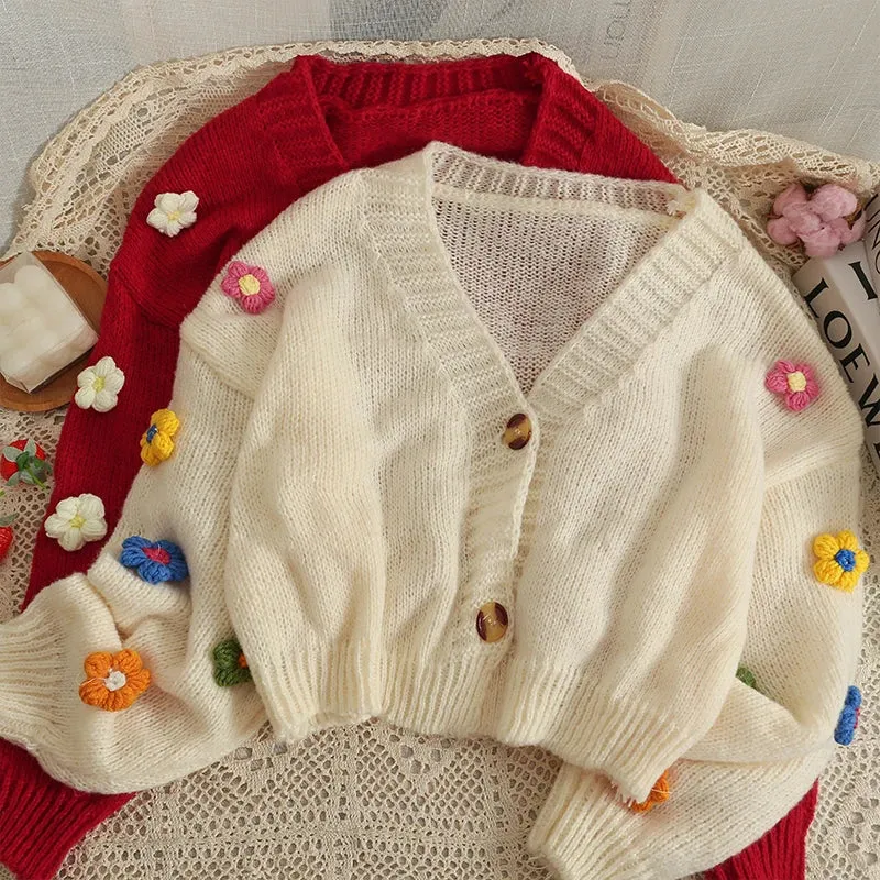 Sweet Applique Floral Knitted V Neck Long Sleeve Sweater