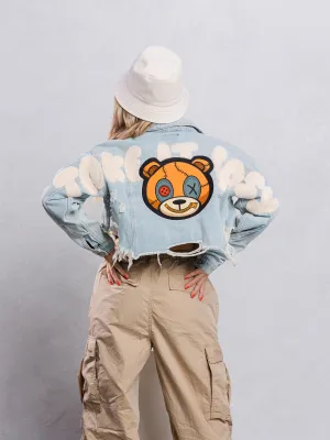 TAKE IT EASY teddy bear Crop Denim Jacket