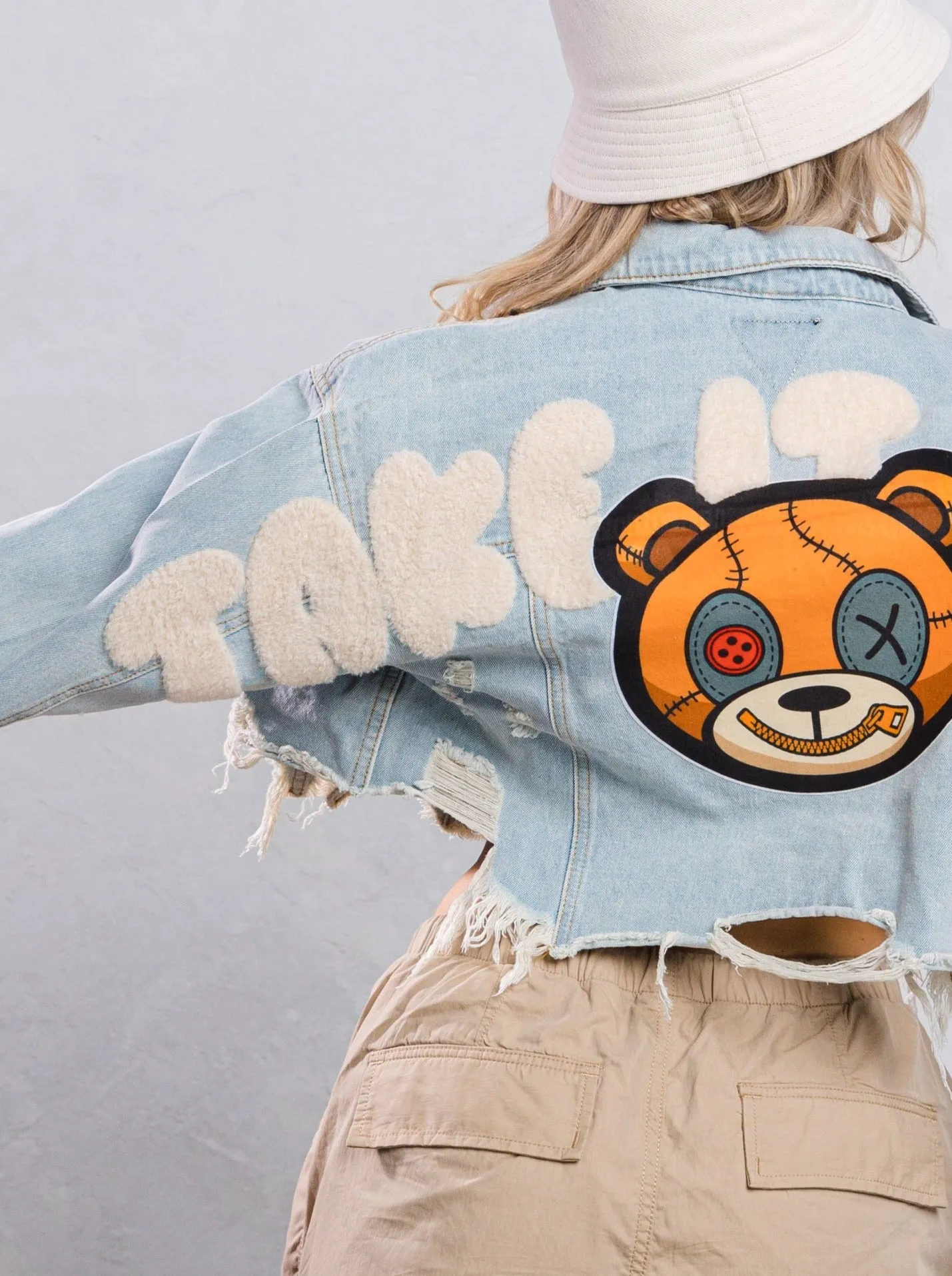 TAKE IT EASY teddy bear Crop Denim Jacket
