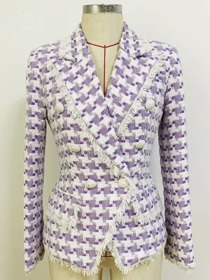 Tassel Fringed Houndstooth Blends Tweed Blazer in Purple