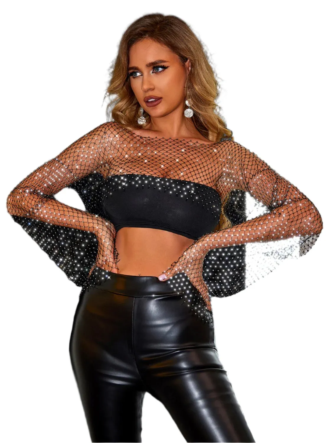 TEEK - Black Boat Neck Cropped Net Long Sleeve Blouse