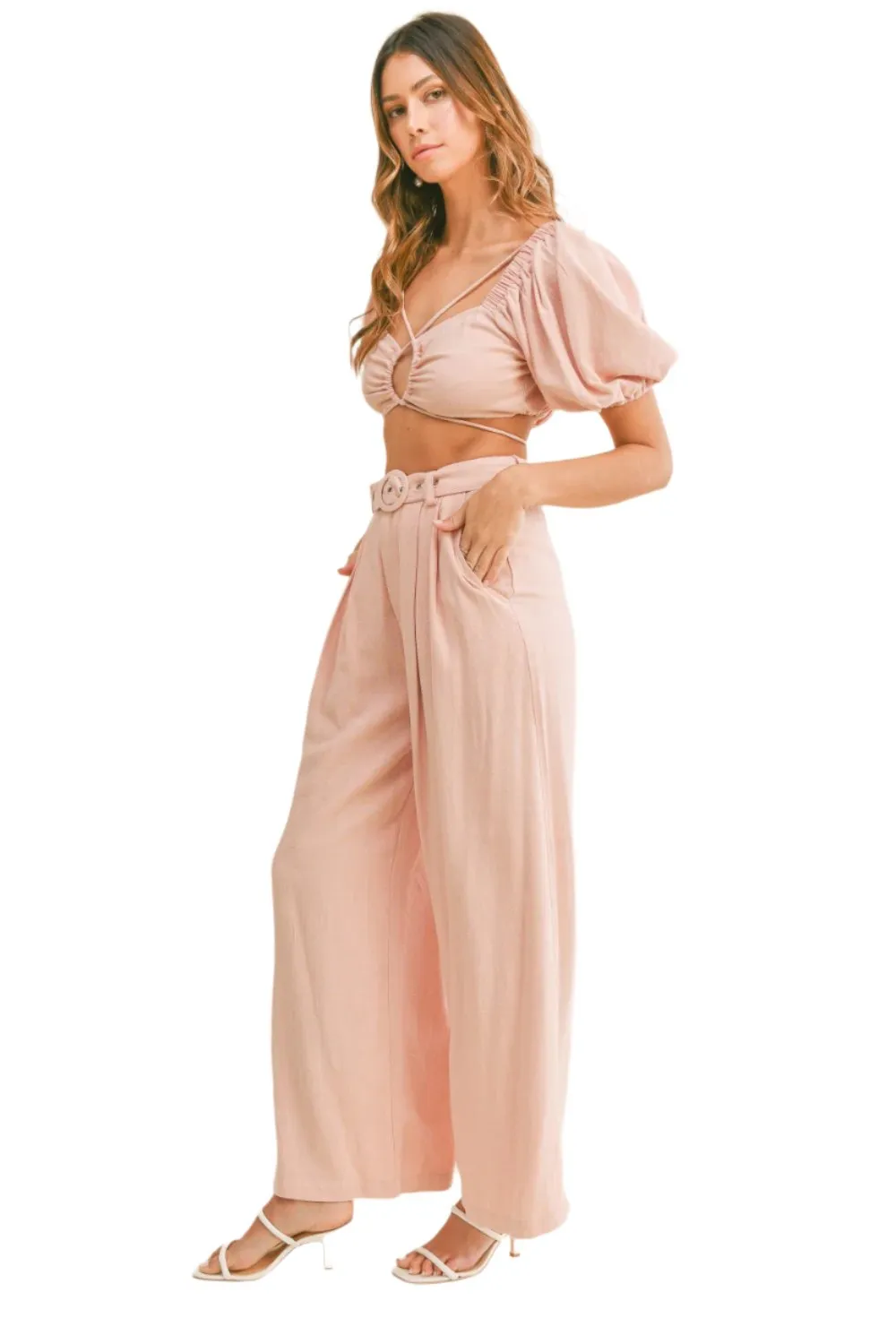 TEEK - Dusty Pink Cut Out Drawstring Crop Top Belted Pants Set