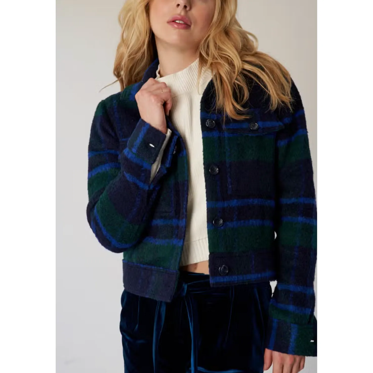 The Tyler Navy Plaid Cropped Jacket