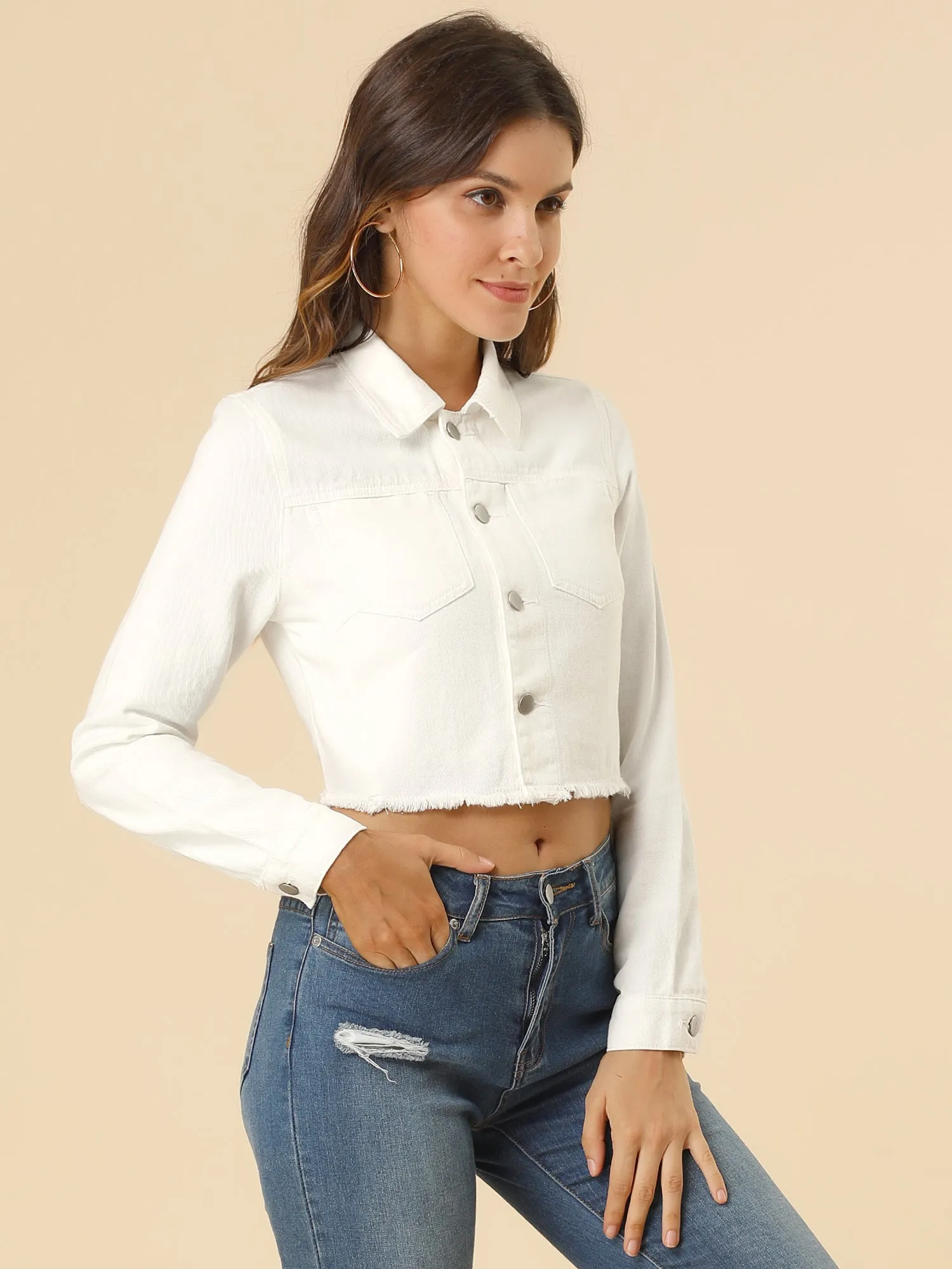 Trendy Frayed Button Up Washed Cropped Denim Jacket