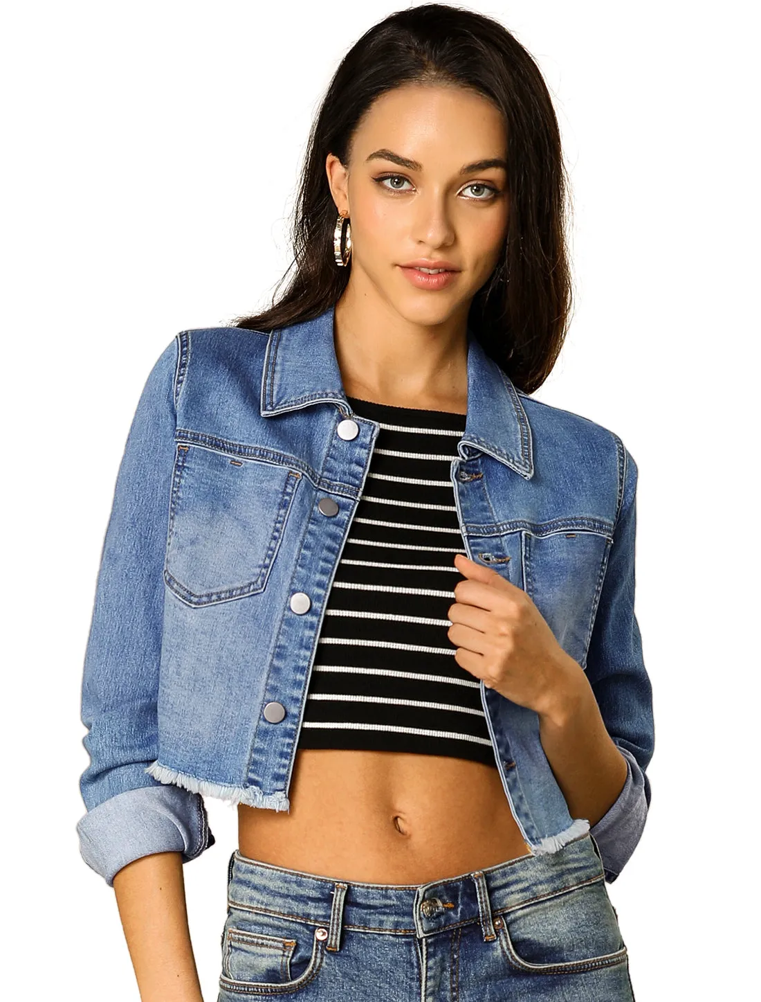 Trendy Frayed Button Up Washed Cropped Denim Jacket