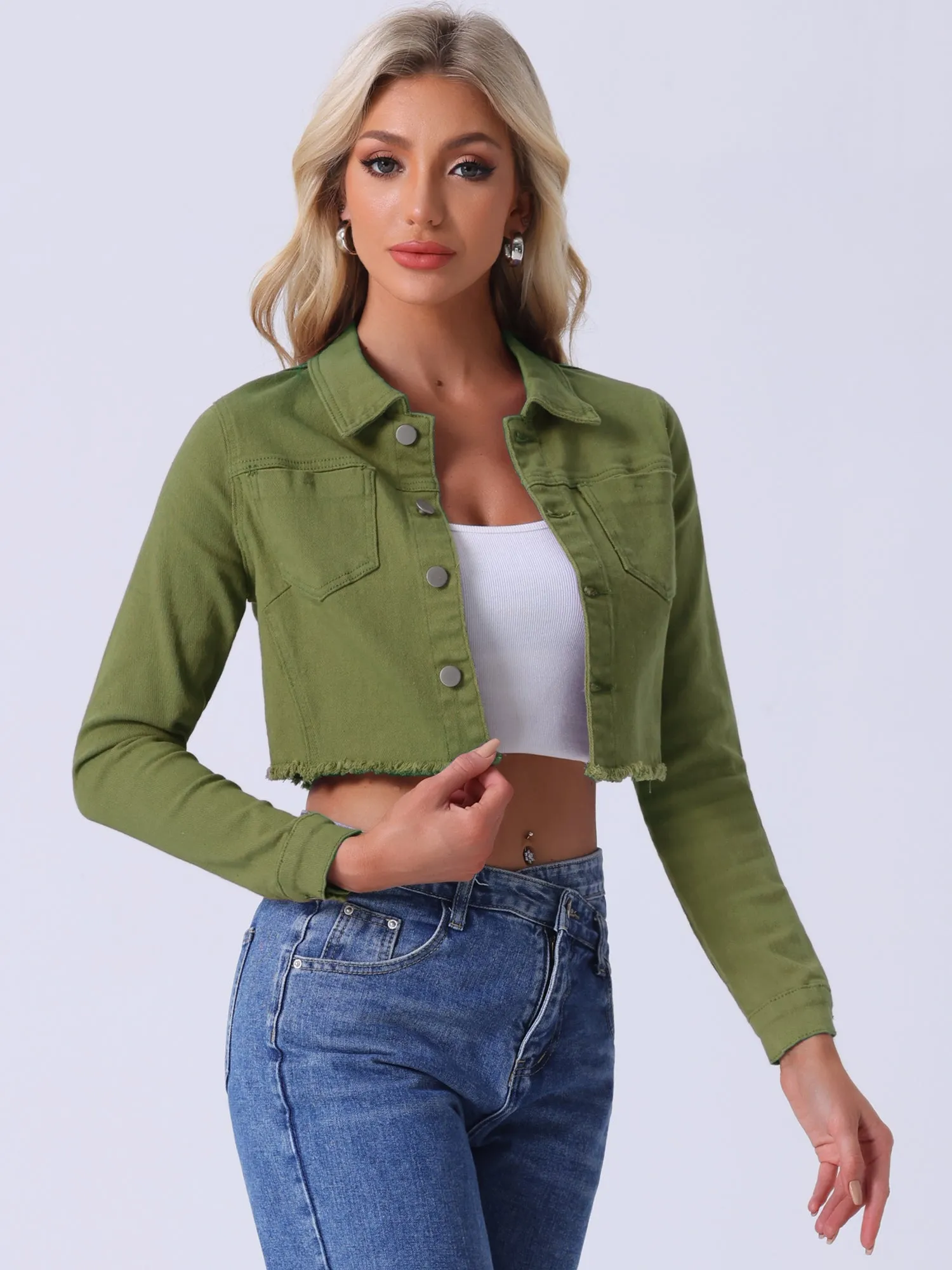 Trendy Frayed Button Up Washed Cropped Denim Jacket