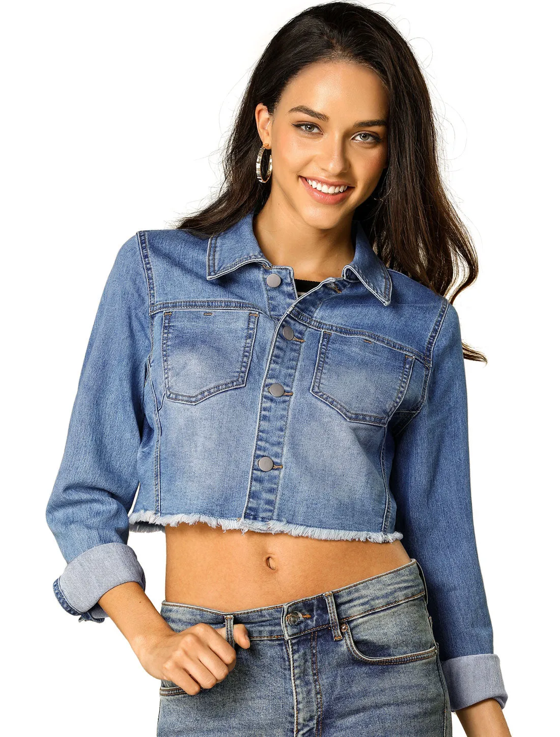 Trendy Frayed Button Up Washed Cropped Denim Jacket