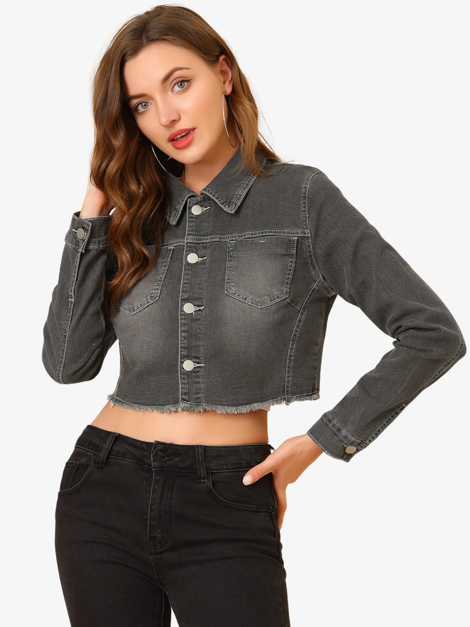 Trendy Frayed Button Up Washed Cropped Denim Jacket