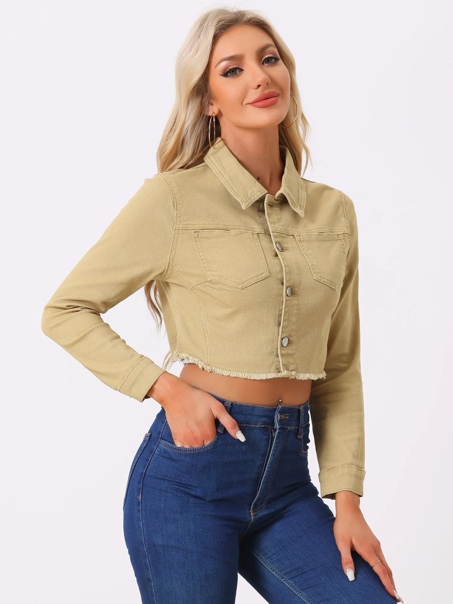 Trendy Frayed Button Up Washed Cropped Denim Jacket