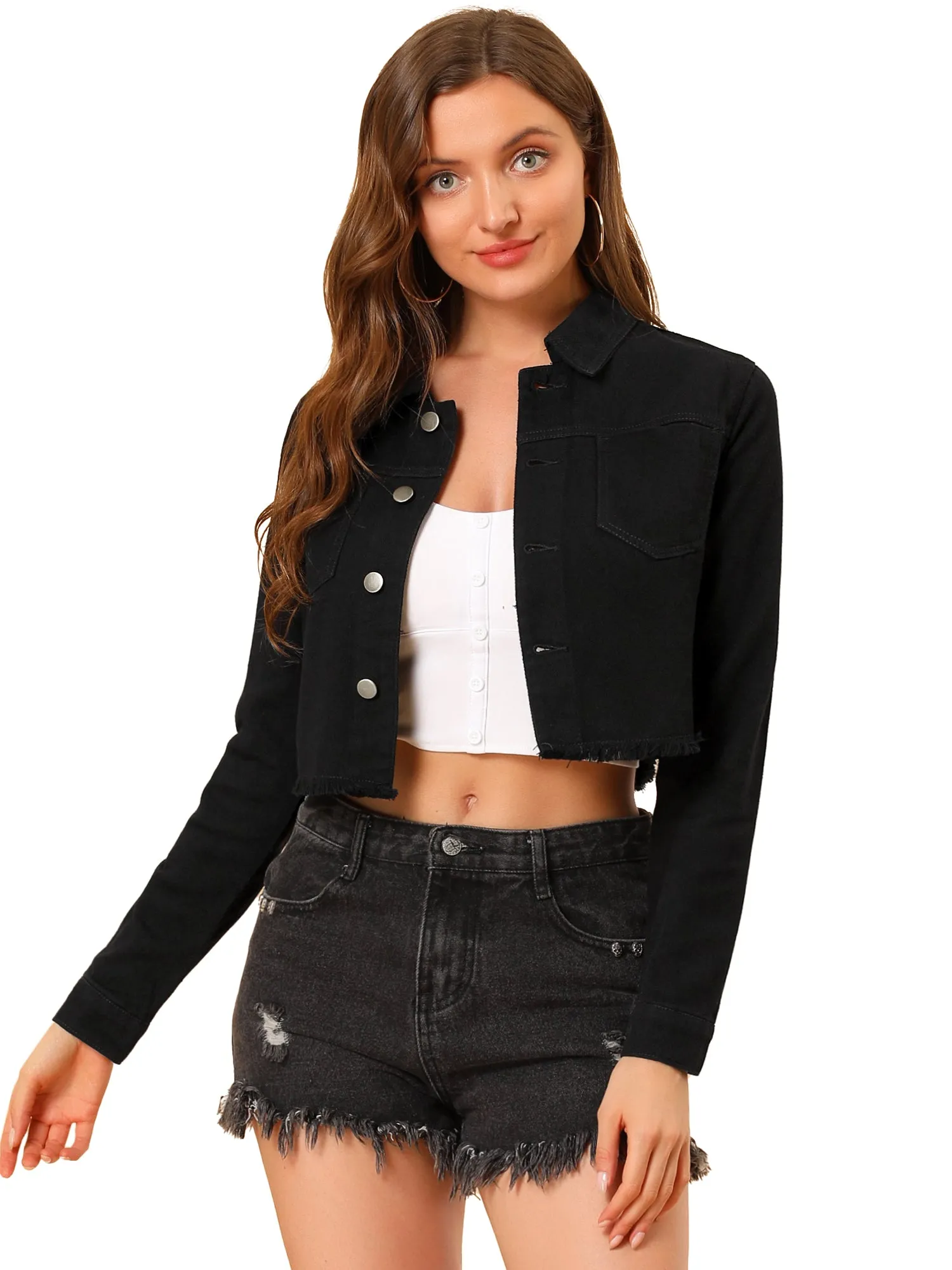 Trendy Frayed Button Up Washed Cropped Denim Jacket