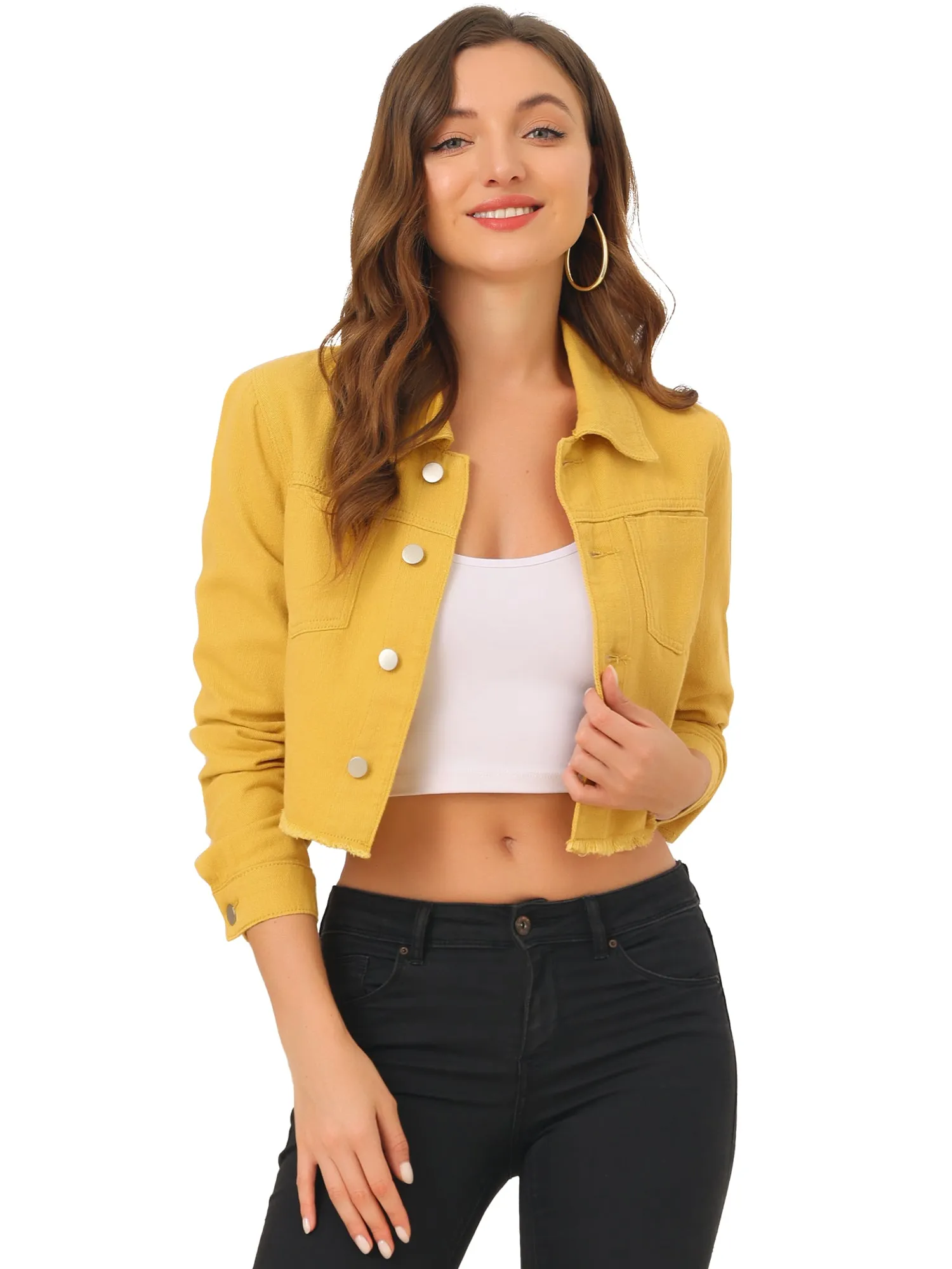 Trendy Frayed Button Up Washed Cropped Denim Jacket