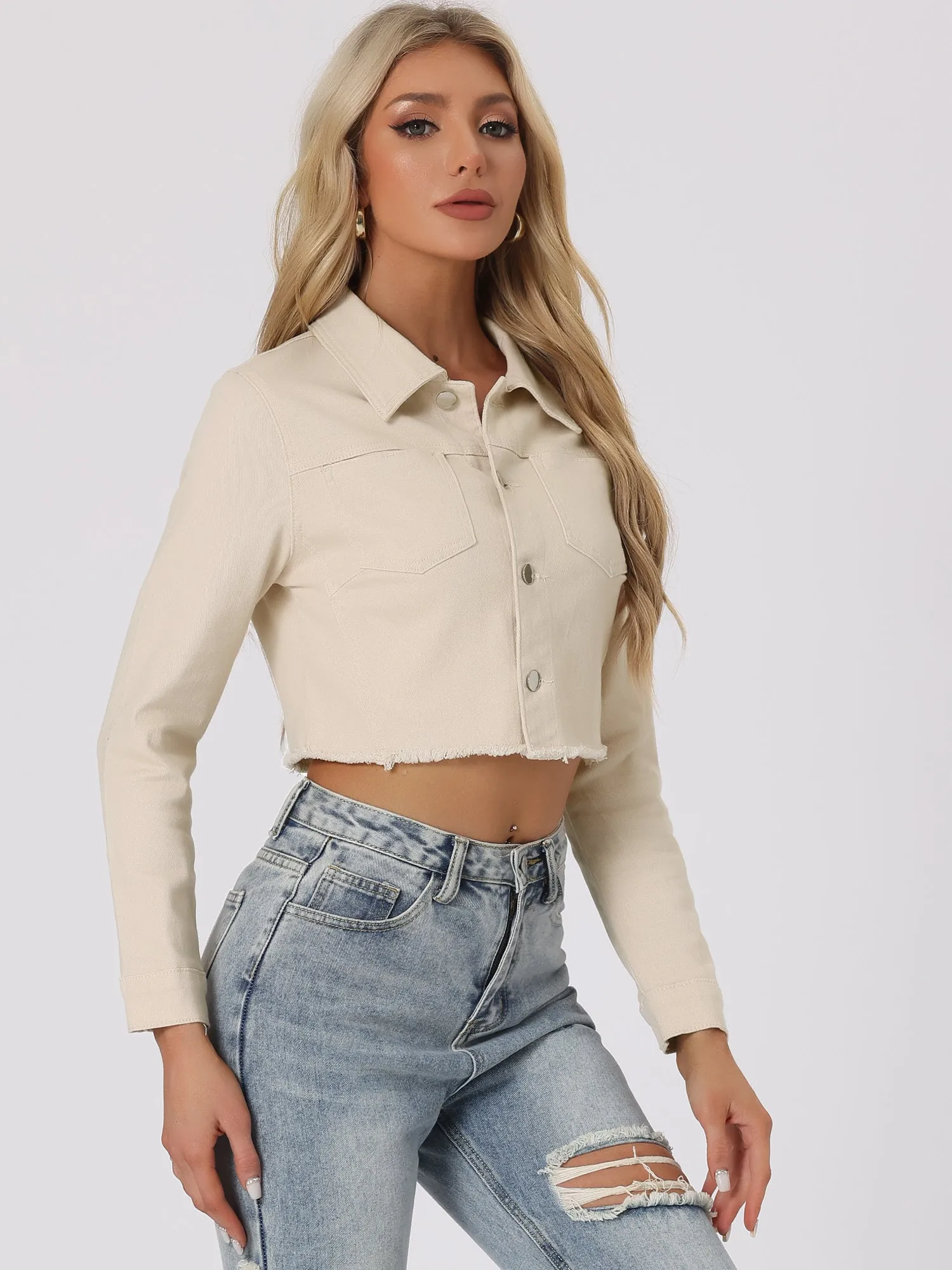 Trendy Frayed Button Up Washed Cropped Denim Jacket