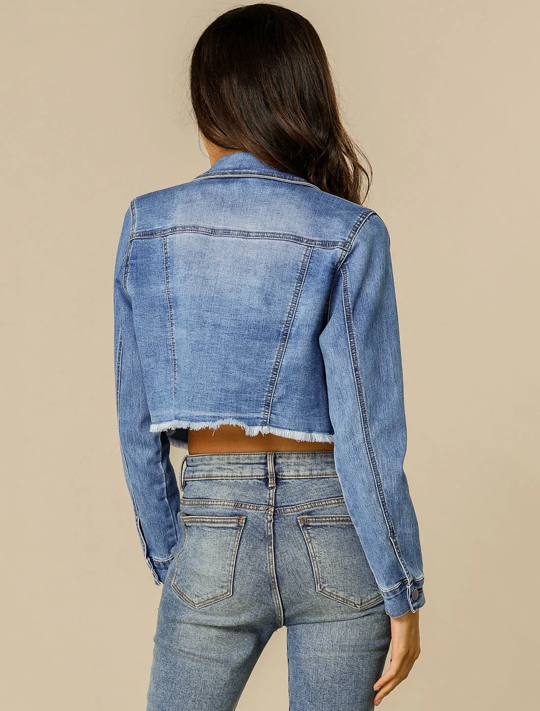 Trendy Frayed Button Up Washed Cropped Denim Jacket