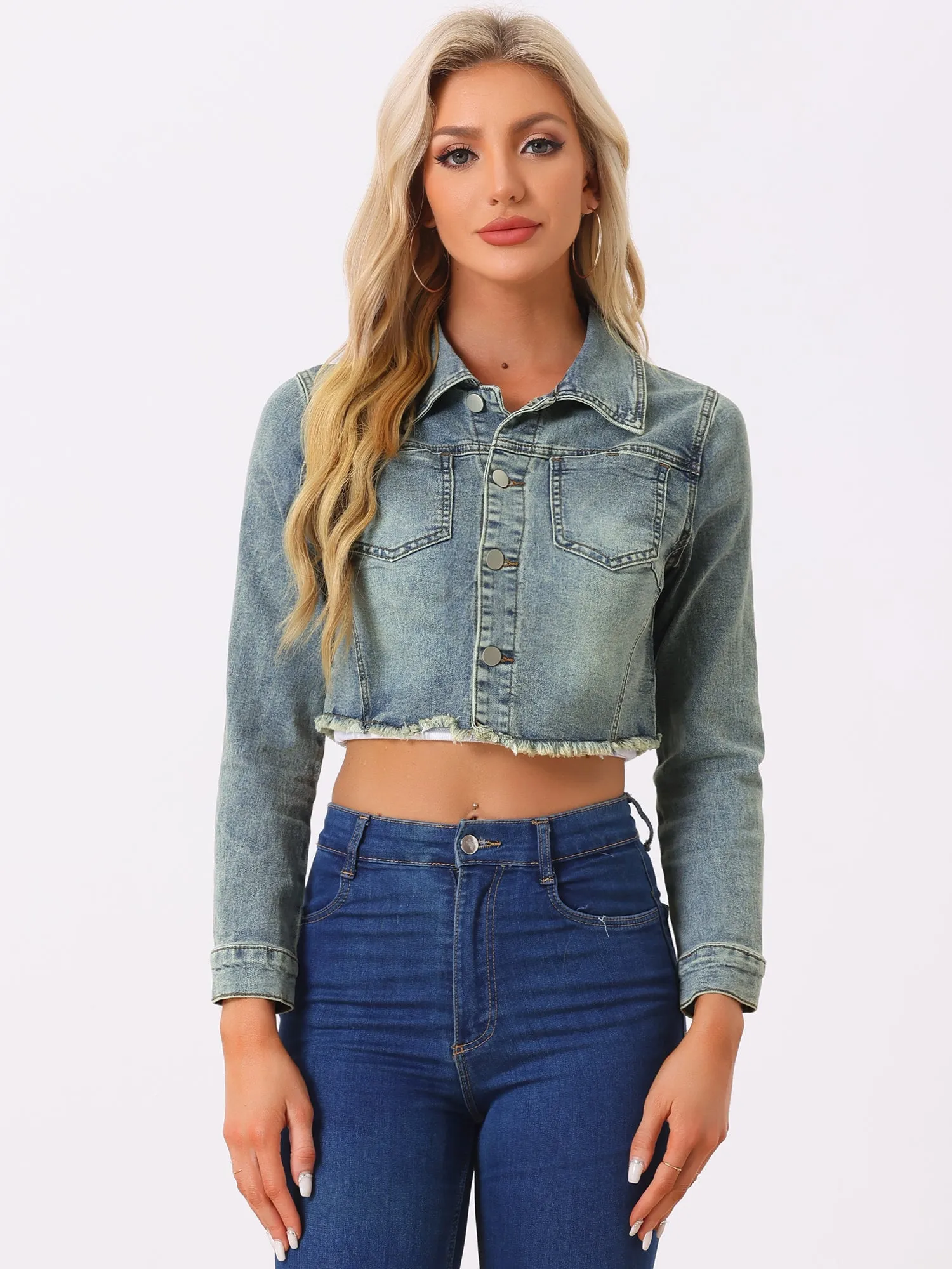 Trendy Frayed Button Up Washed Cropped Denim Jacket