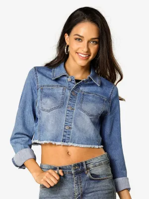 Trendy Frayed Button Up Washed Cropped Denim Jacket