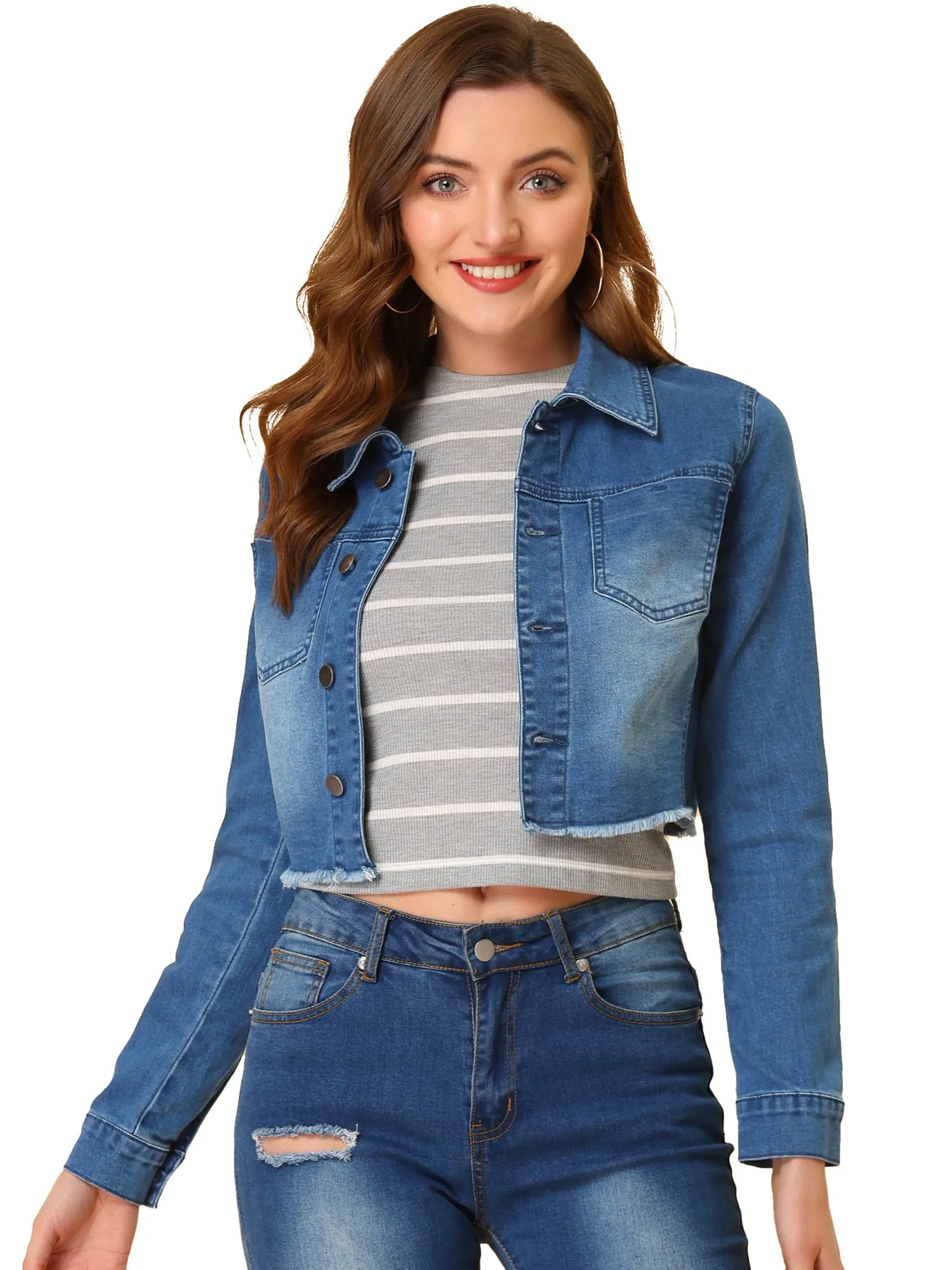 Trendy Frayed Button Up Washed Cropped Denim Jacket