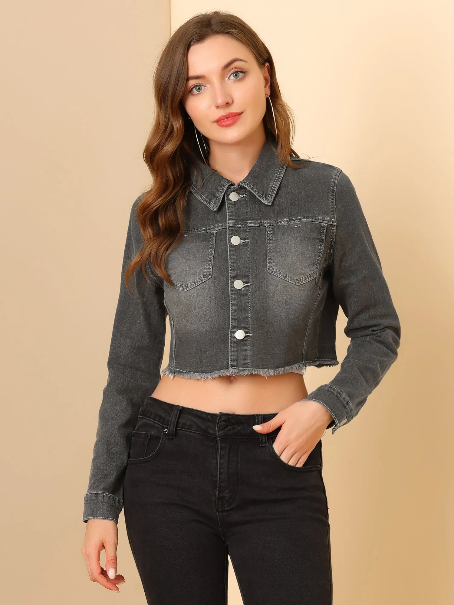 Trendy Frayed Button Up Washed Cropped Denim Jacket