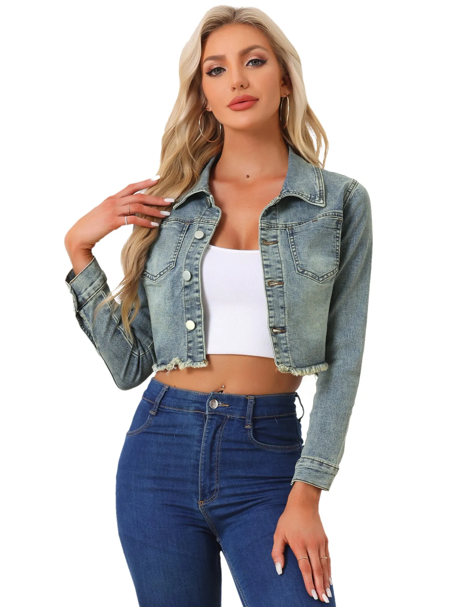 Trendy Frayed Button Up Washed Cropped Denim Jacket