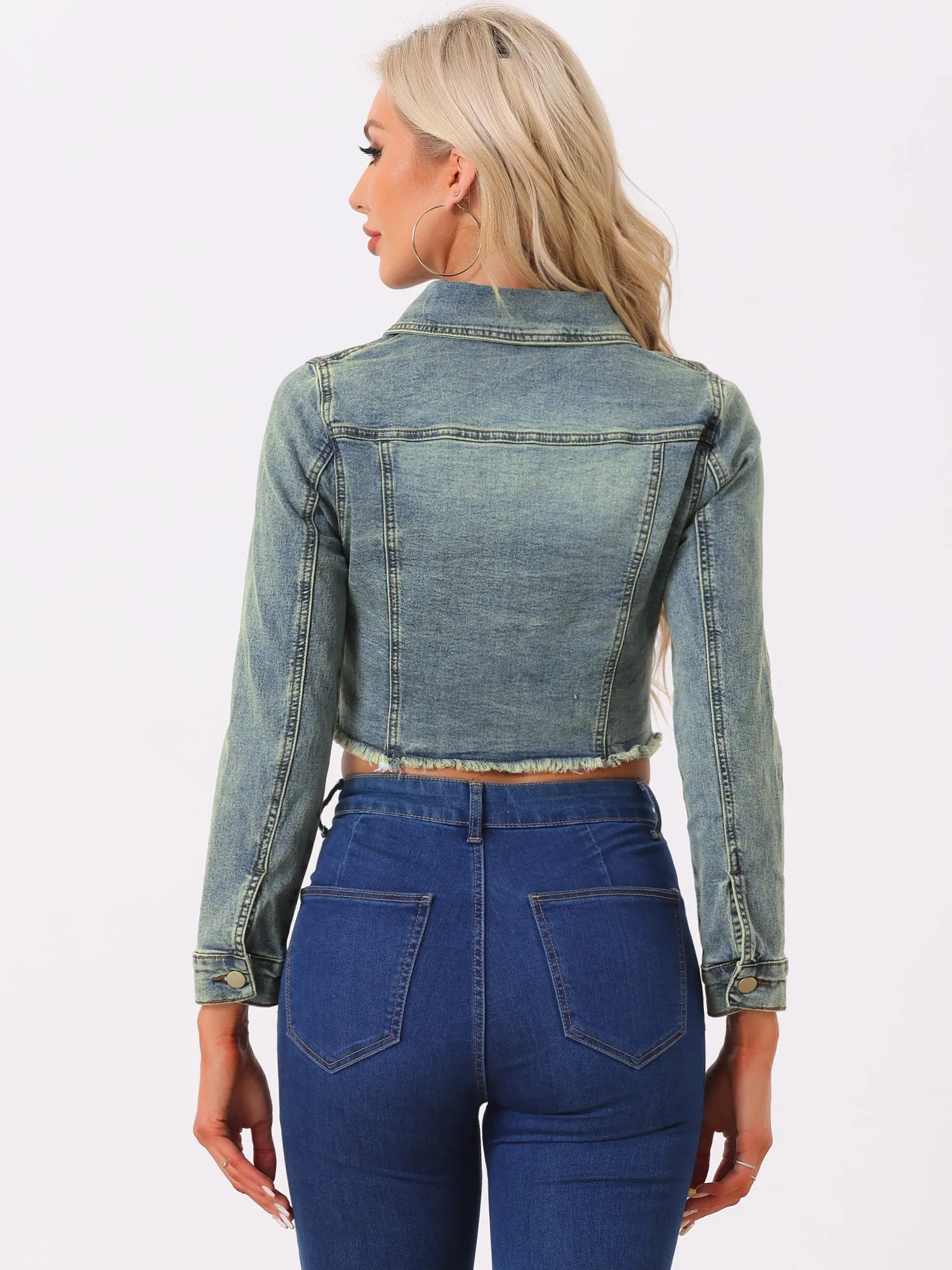 Trendy Frayed Button Up Washed Cropped Denim Jacket