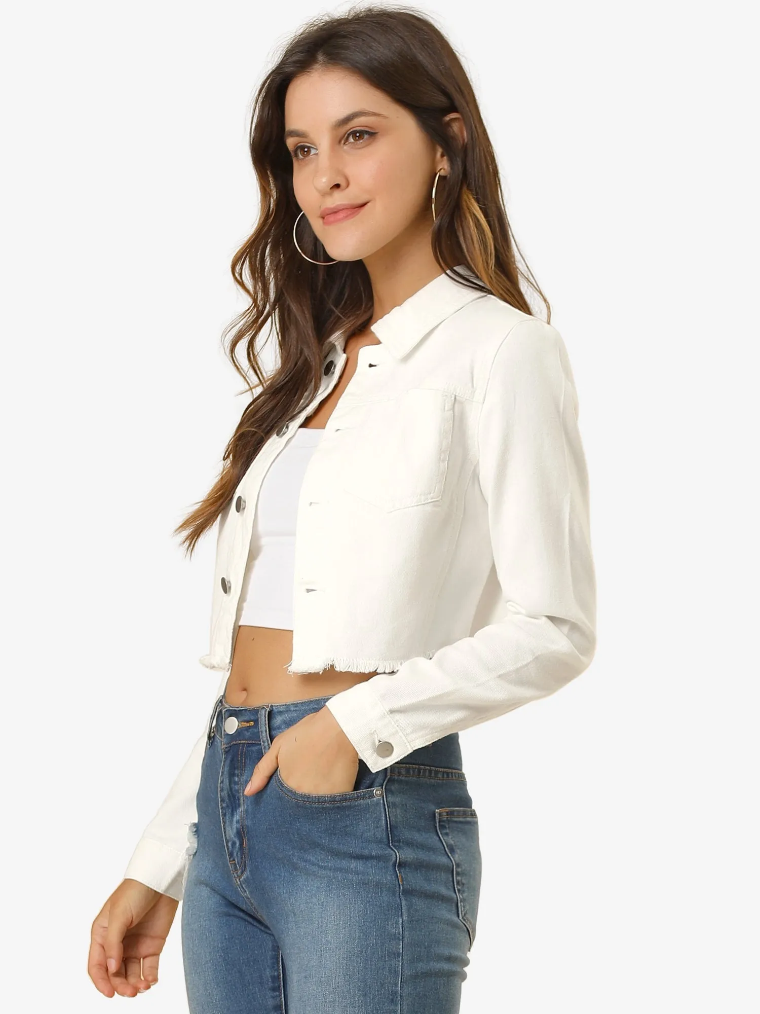 Trendy Frayed Button Up Washed Cropped Denim Jacket