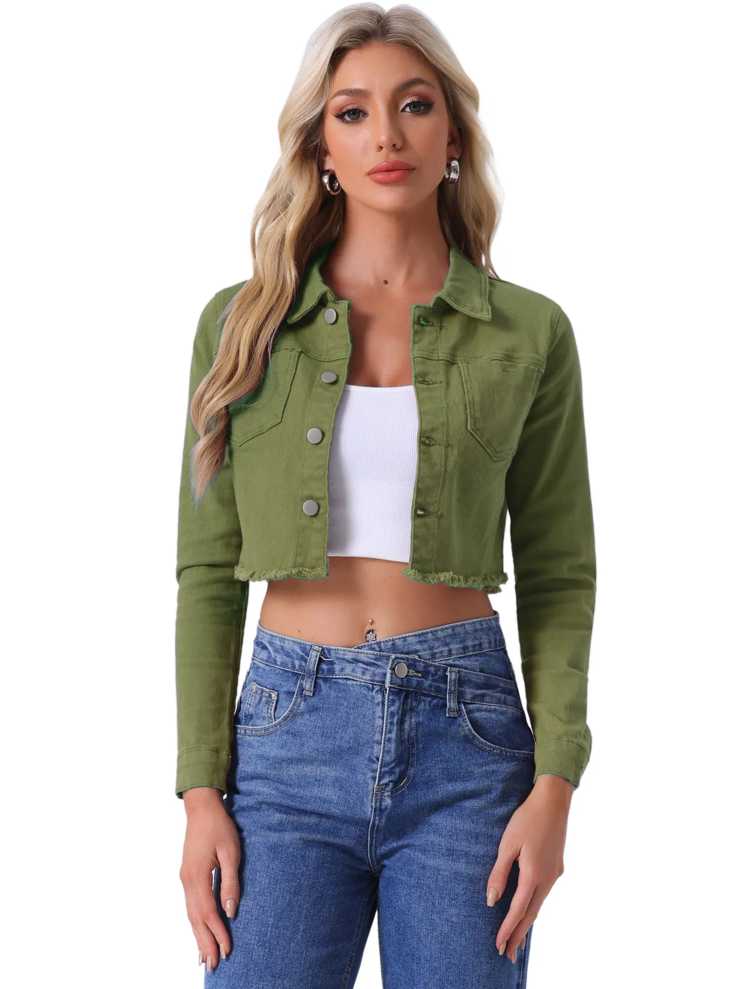 Trendy Frayed Button Up Washed Cropped Denim Jacket