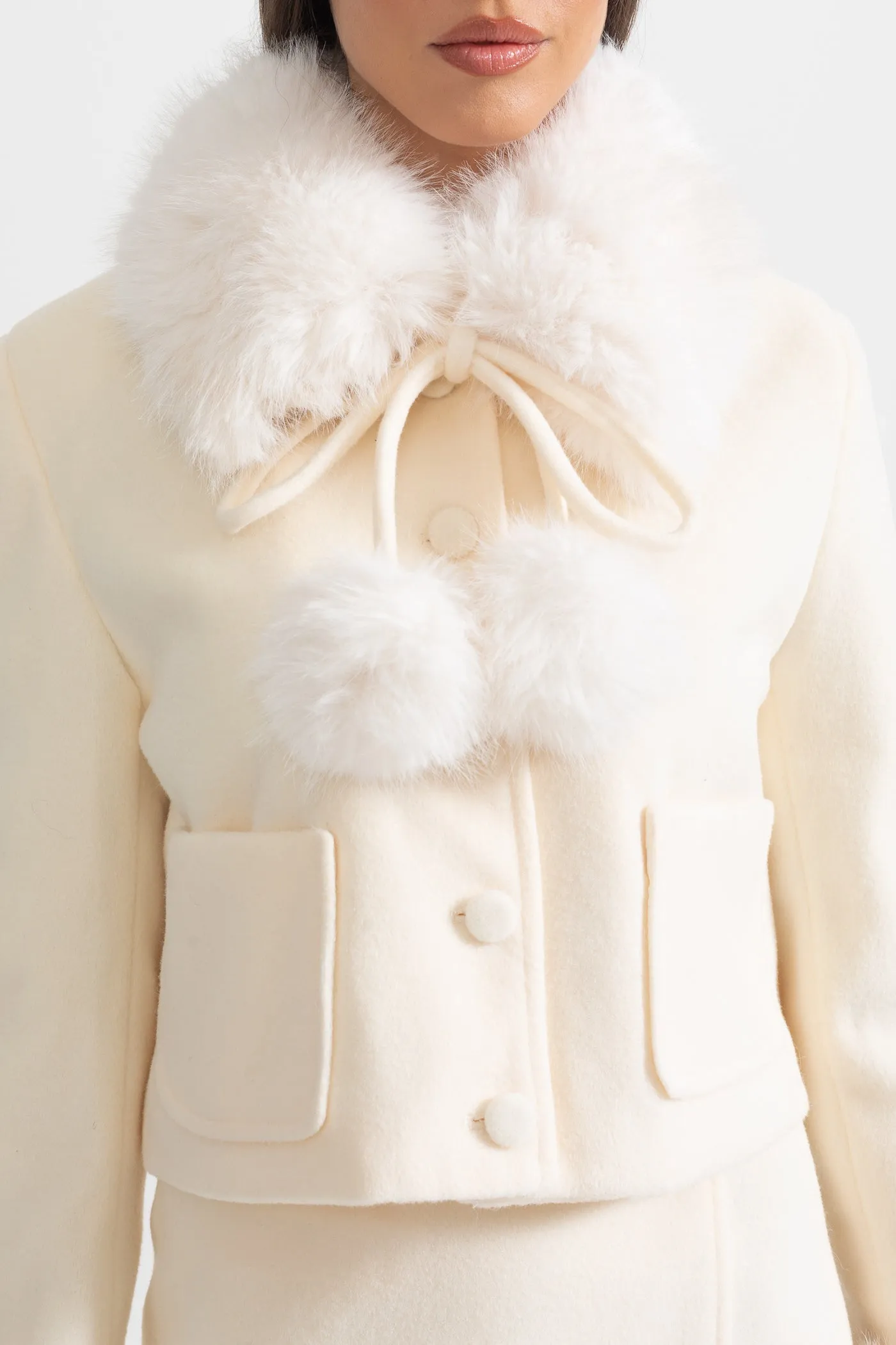 Two-Piece Ensemble With Fur-Trimmed Jacket And Matching Skirt - Beige