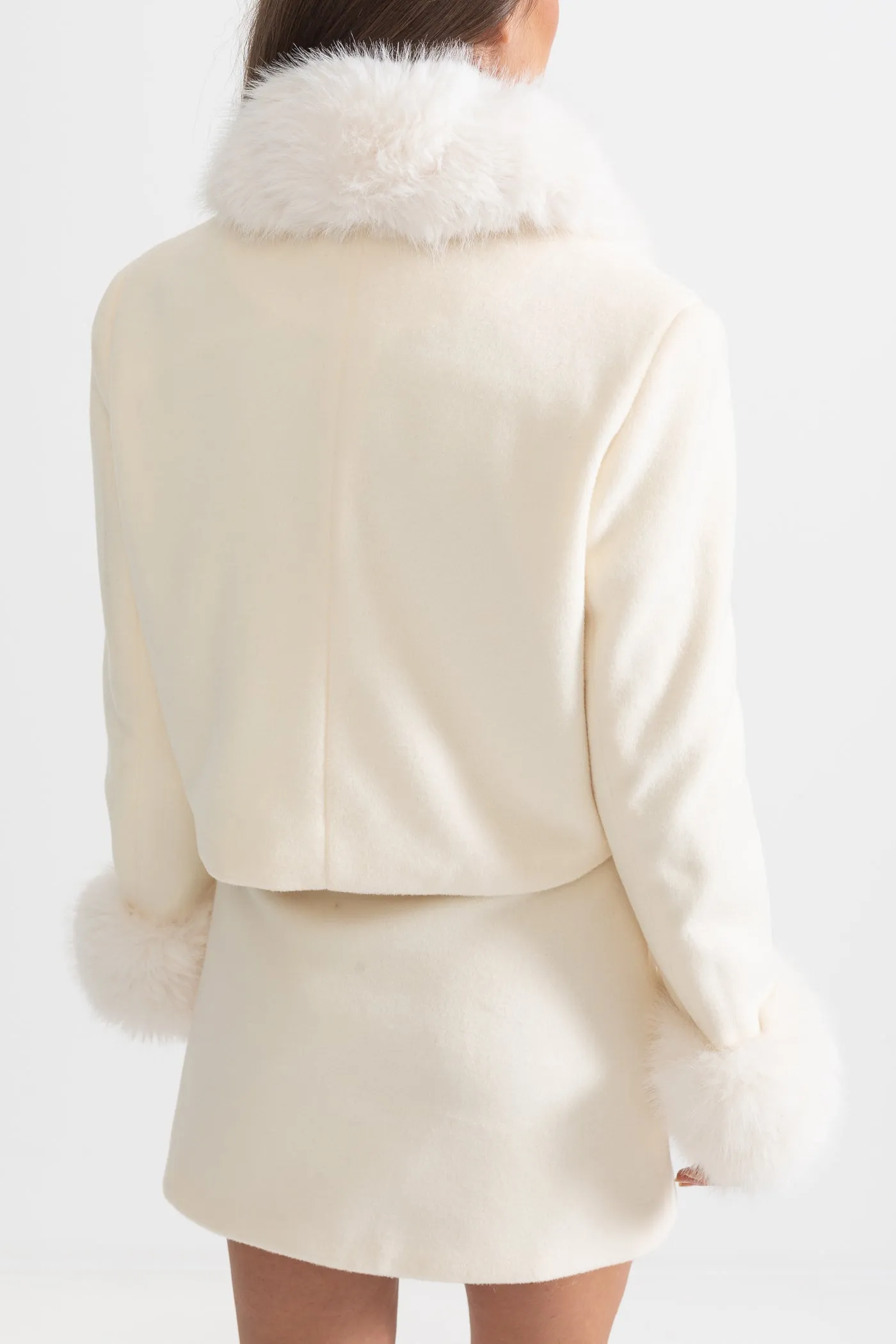 Two-Piece Ensemble With Fur-Trimmed Jacket And Matching Skirt - Beige