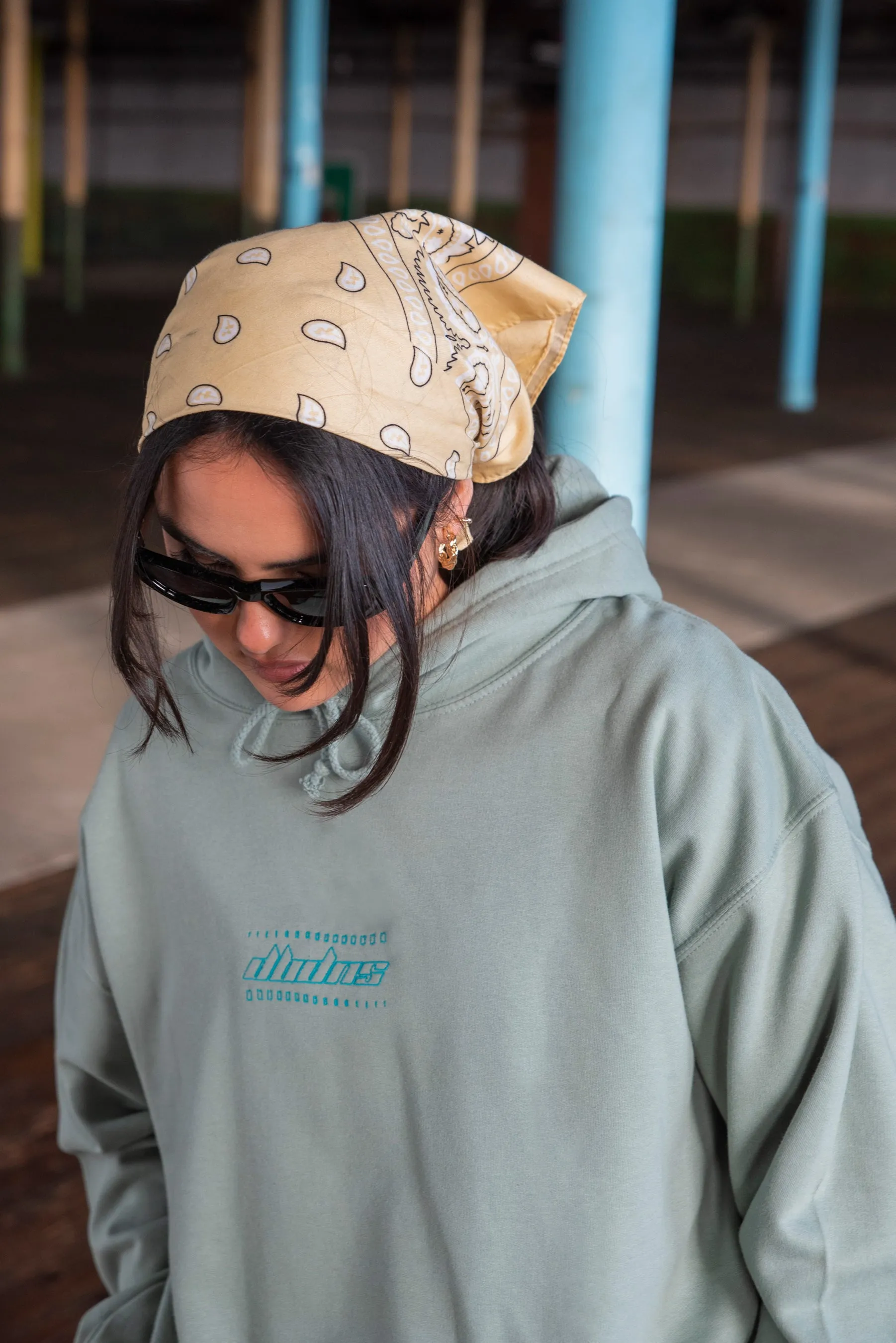 Unisex Hoodie in Dusty Green with Futuristic Logo Embroidery