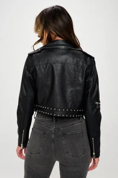 Vegan Leather Stud Moto Jacket - Black -