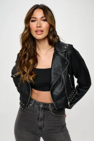 Vegan Leather Stud Moto Jacket - Black -