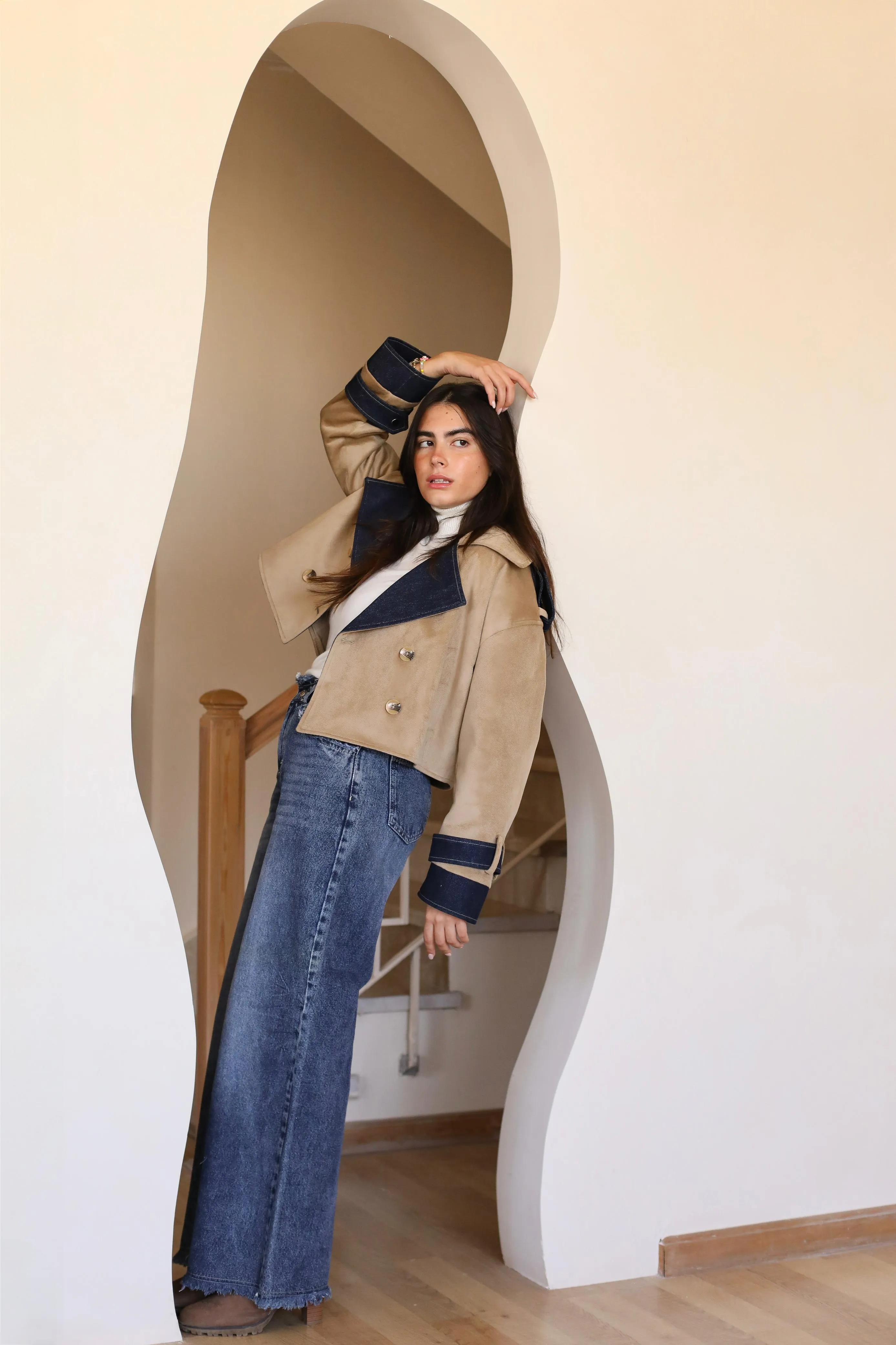 Velvet wool X Denim Cropped Coat -biege