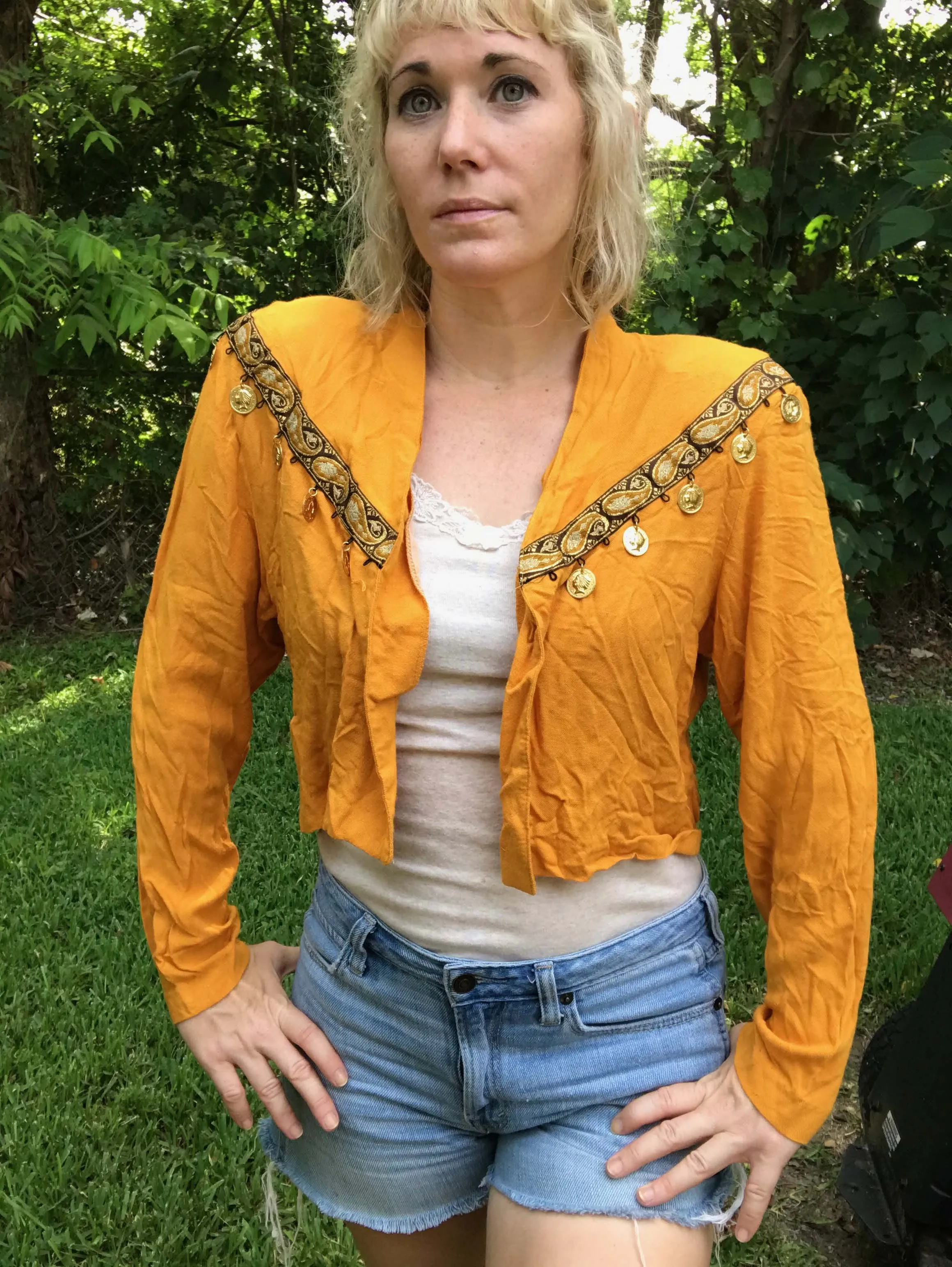 Vintage 70s 80s | Boho Hippie Gypsy Coin Embellished Cropped Blouse Jacket | M