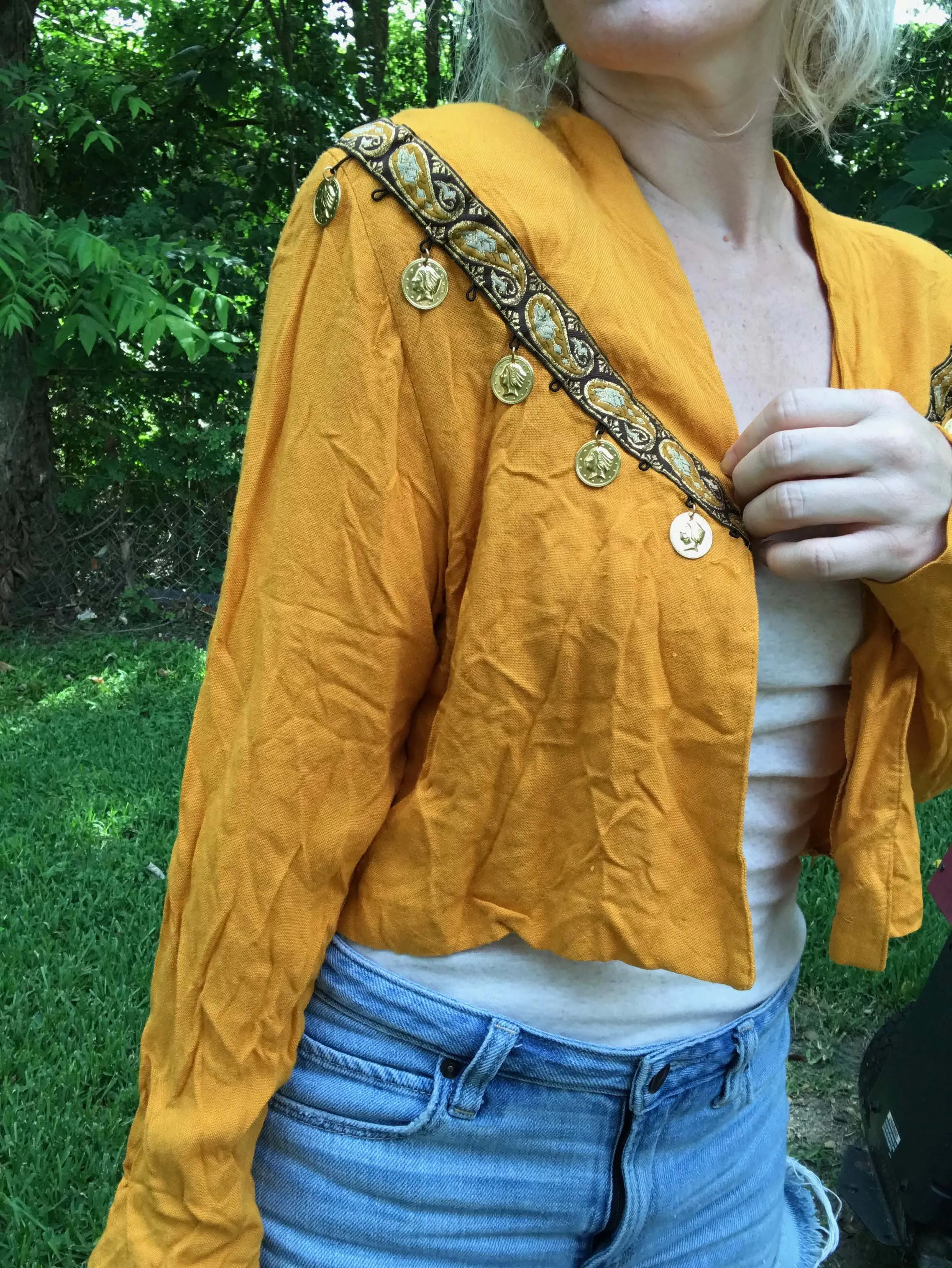 Vintage 70s 80s | Boho Hippie Gypsy Coin Embellished Cropped Blouse Jacket | M