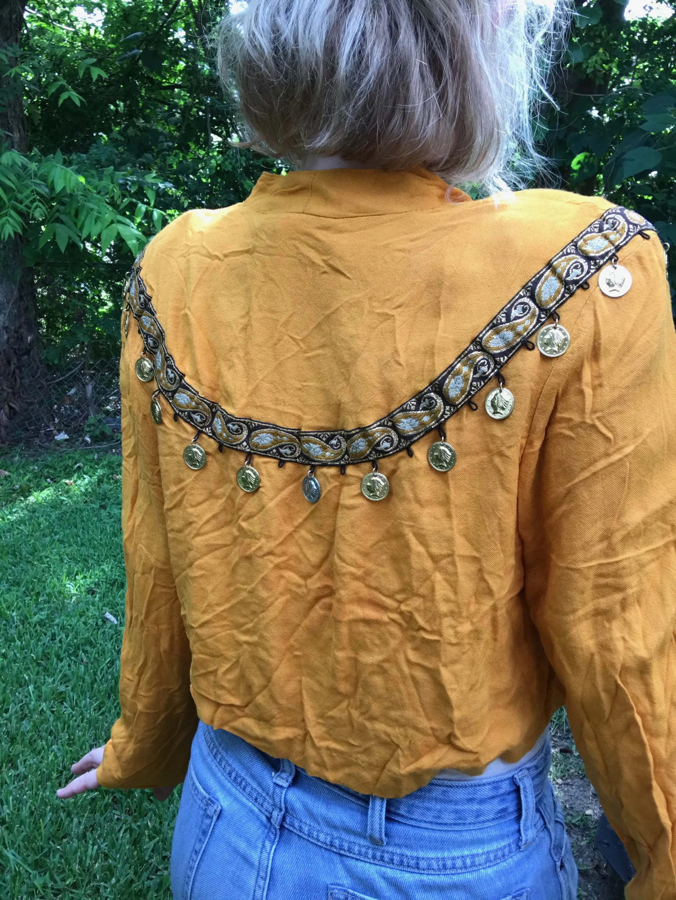 Vintage 70s 80s | Boho Hippie Gypsy Coin Embellished Cropped Blouse Jacket | M