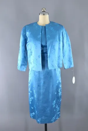 Vintage Blue Satin Dress and Jacket Set