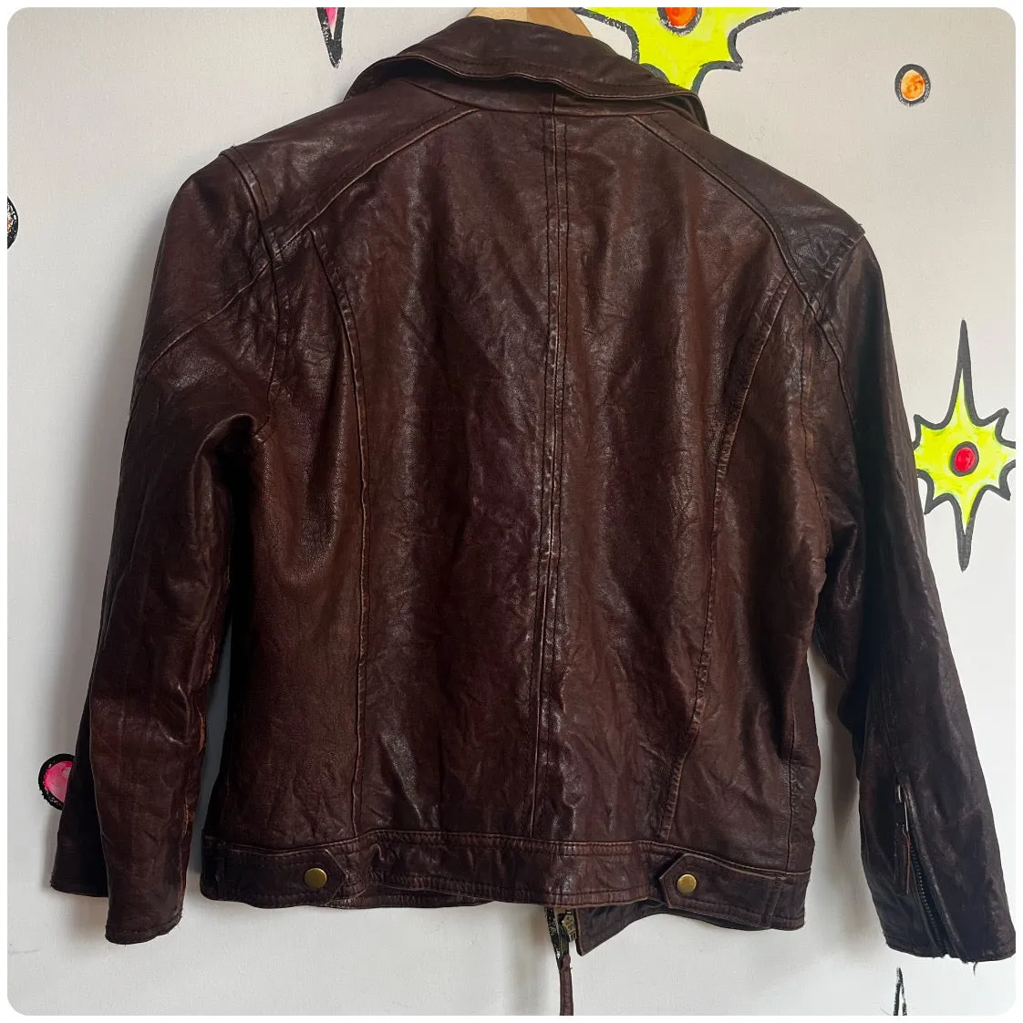 Vintage Y2K 2000s | Fossil Brown Cropped Leather Jacket with Zippers | Size S