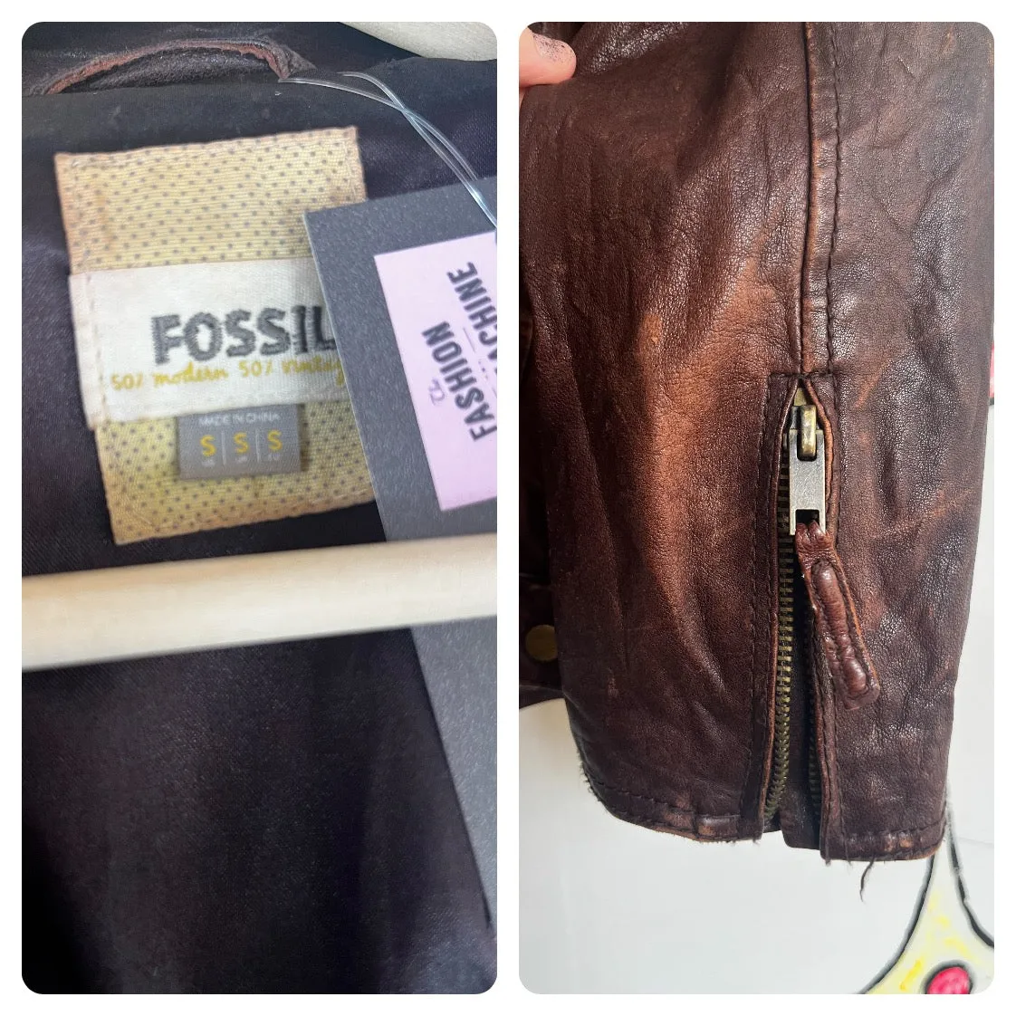 Vintage Y2K 2000s | Fossil Brown Cropped Leather Jacket with Zippers | Size S