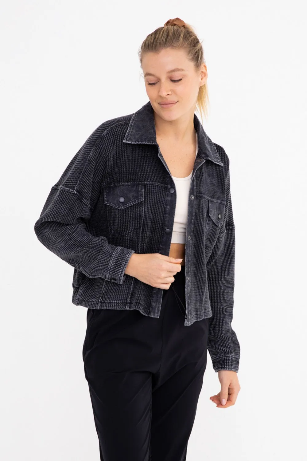 Waffle Knit Mineral-Washed Cropped Jacket