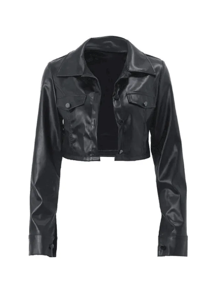 Wenkouban-Spring Casual Outfits Y2K Outfits Cropped Black Faux Leather Biker Jacket