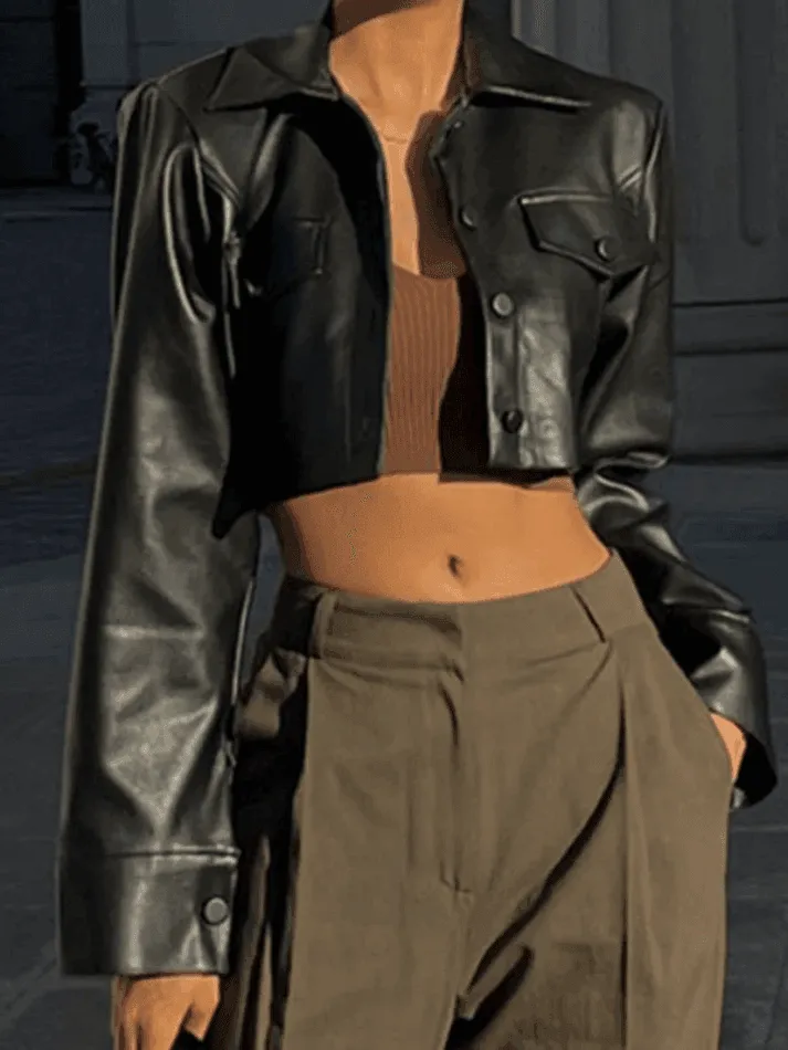 Wenkouban-Spring Casual Outfits Y2K Outfits Cropped Black Faux Leather Biker Jacket