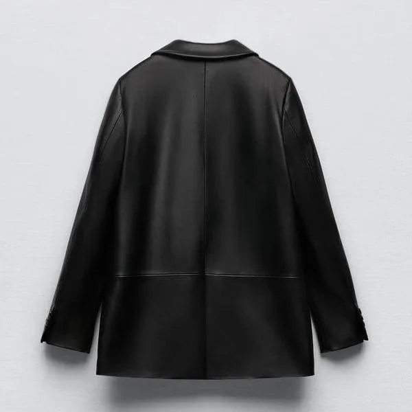 Women's Black Oversized Leather Coat Blazer