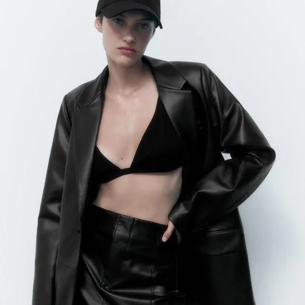 Women's Black Oversized Leather Coat Blazer