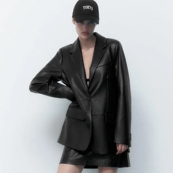 Women's Black Oversized Leather Coat Blazer