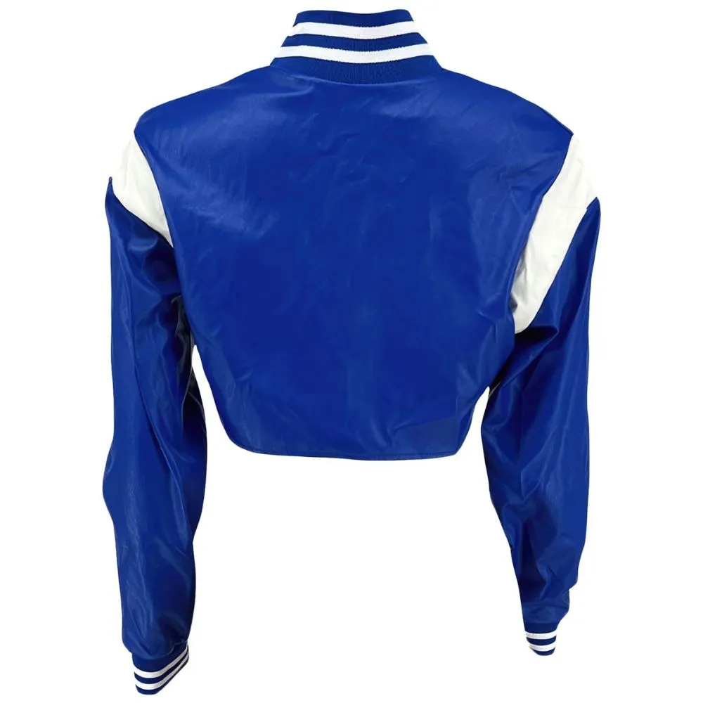 Women’s Blue Genuine Sheepskin Crop Baseball Top White Strips Leather Jacket